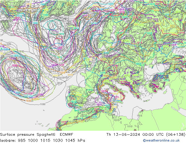 Atmosférický tlak Spaghetti ECMWF Čt 13.06.2024 00 UTC