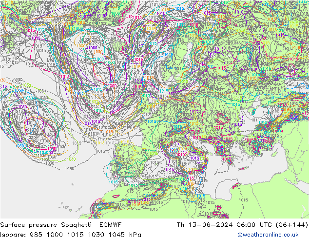 Luchtdruk op zeeniveau Spaghetti ECMWF do 13.06.2024 06 UTC