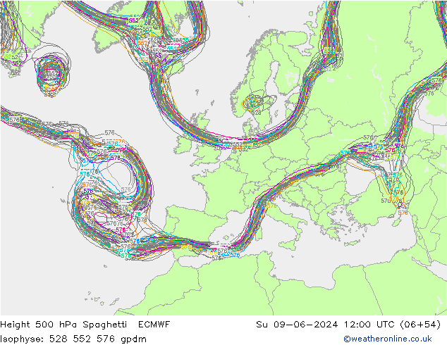 Height 500 hPa Spaghetti ECMWF  09.06.2024 12 UTC