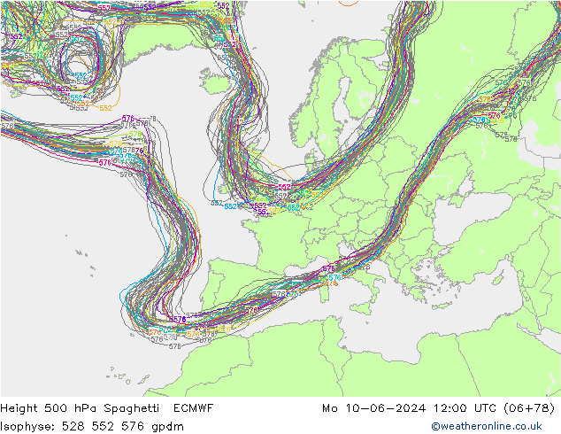 Hoogte 500 hPa Spaghetti ECMWF ma 10.06.2024 12 UTC