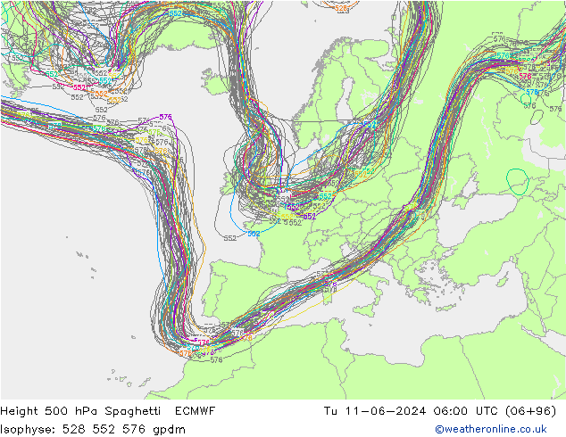 Height 500 hPa Spaghetti ECMWF Tu 11.06.2024 06 UTC