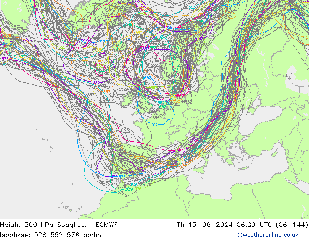 Height 500 hPa Spaghetti ECMWF Do 13.06.2024 06 UTC