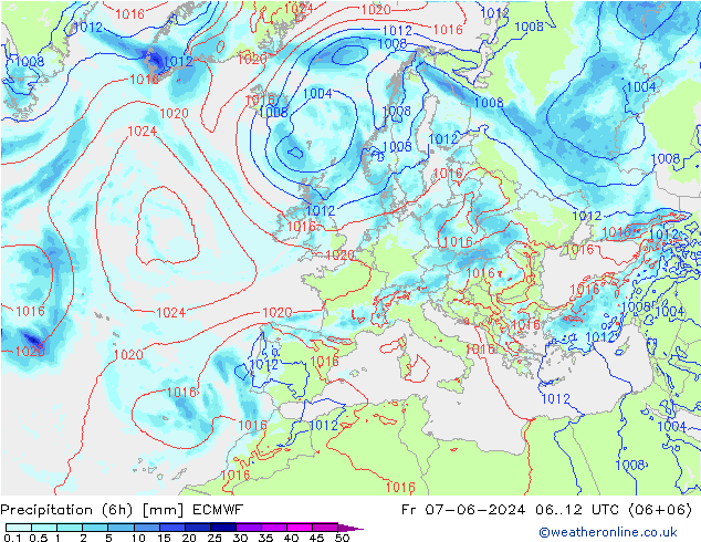 Totale neerslag (6h) ECMWF vr 07.06.2024 12 UTC