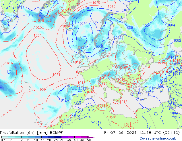 Precipitation (6h) ECMWF Fr 07.06.2024 18 UTC