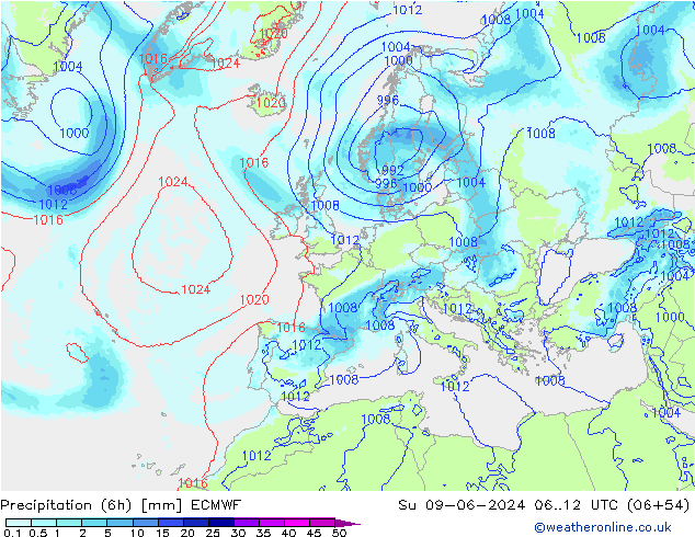 Precipitation (6h) ECMWF Su 09.06.2024 12 UTC