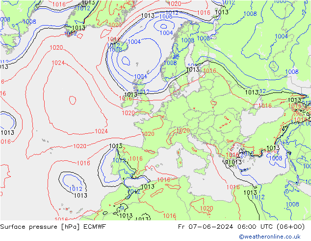 Atmosférický tlak ECMWF Pá 07.06.2024 06 UTC