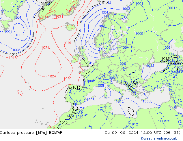 Presión superficial ECMWF dom 09.06.2024 12 UTC