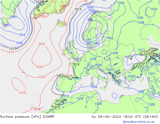 Atmosférický tlak ECMWF Ne 09.06.2024 18 UTC