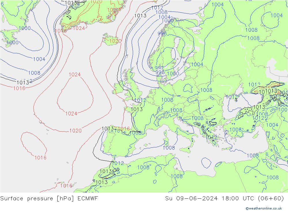 Atmosférický tlak ECMWF Ne 09.06.2024 18 UTC