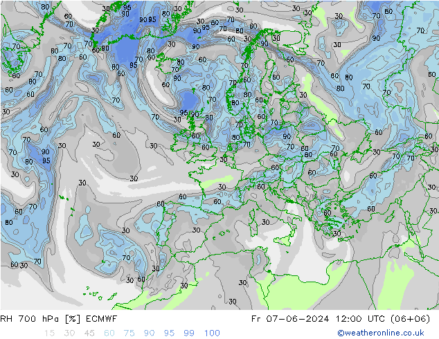 RH 700 hPa ECMWF Pá 07.06.2024 12 UTC