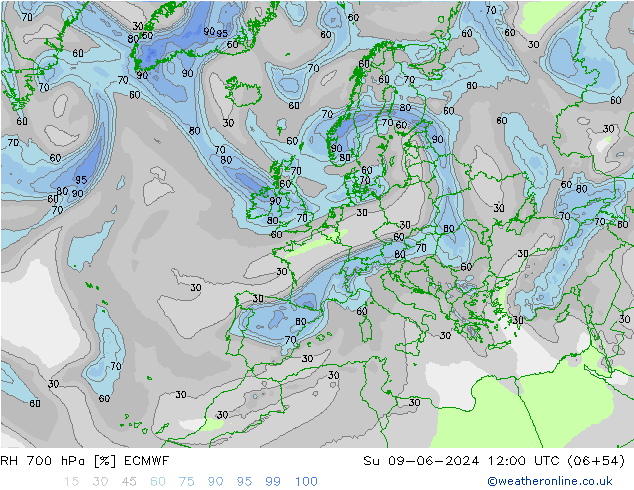 RH 700 hPa ECMWF nie. 09.06.2024 12 UTC