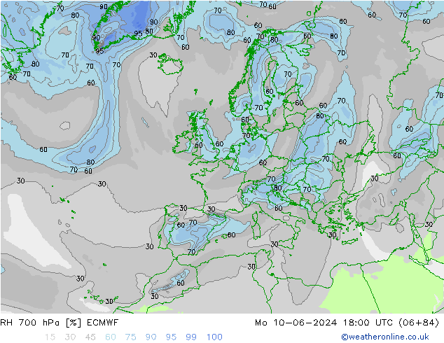 RH 700 hPa ECMWF Po 10.06.2024 18 UTC