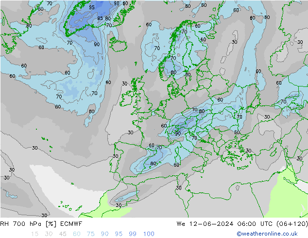 RH 700 hPa ECMWF Qua 12.06.2024 06 UTC