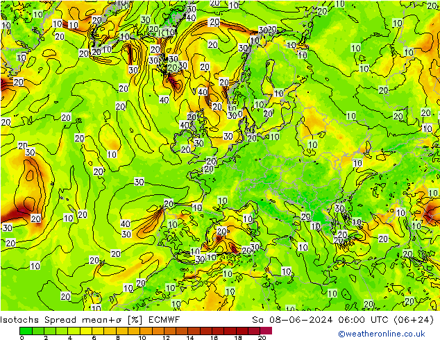 Isotachs Spread ECMWF Sa 08.06.2024 06 UTC