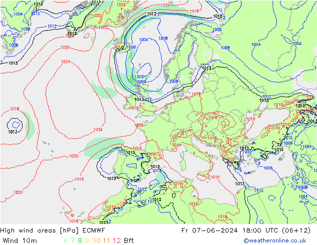 High wind areas ECMWF Pá 07.06.2024 18 UTC