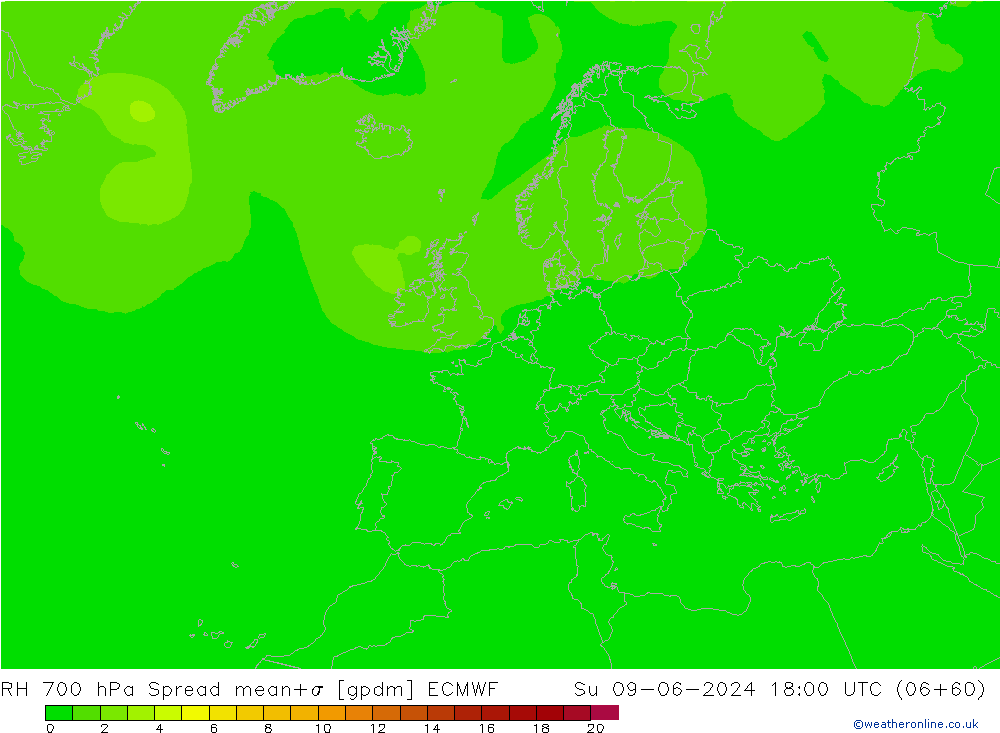 RH 700 hPa Spread ECMWF Su 09.06.2024 18 UTC