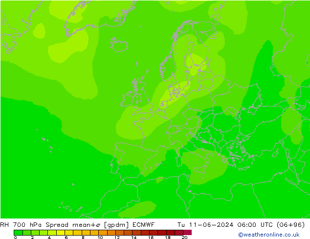 Humidité rel. 700 hPa Spread ECMWF mar 11.06.2024 06 UTC