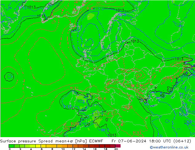 Luchtdruk op zeeniveau Spread ECMWF vr 07.06.2024 18 UTC