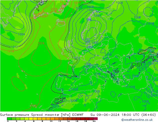 Atmosférický tlak Spread ECMWF Ne 09.06.2024 18 UTC