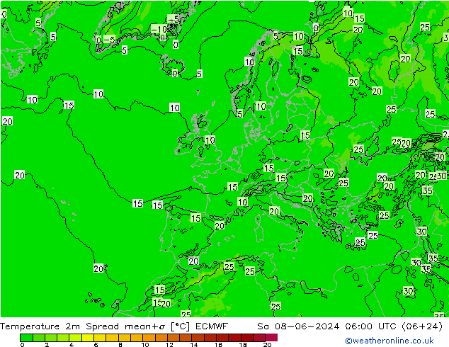 карта температуры Spread ECMWF сб 08.06.2024 06 UTC