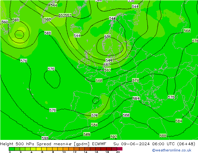 Height 500 hPa Spread ECMWF nie. 09.06.2024 06 UTC