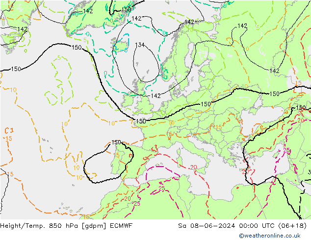 Height/Temp. 850 hPa ECMWF So 08.06.2024 00 UTC