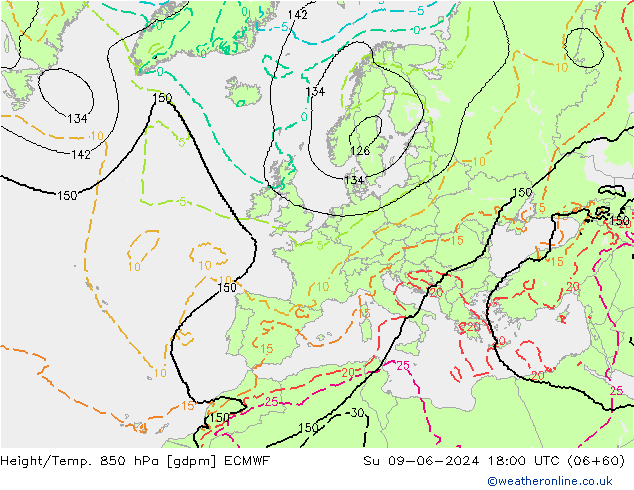 Yükseklik/Sıc. 850 hPa ECMWF Paz 09.06.2024 18 UTC