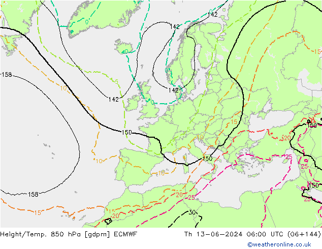 Height/Temp. 850 гПа ECMWF чт 13.06.2024 06 UTC