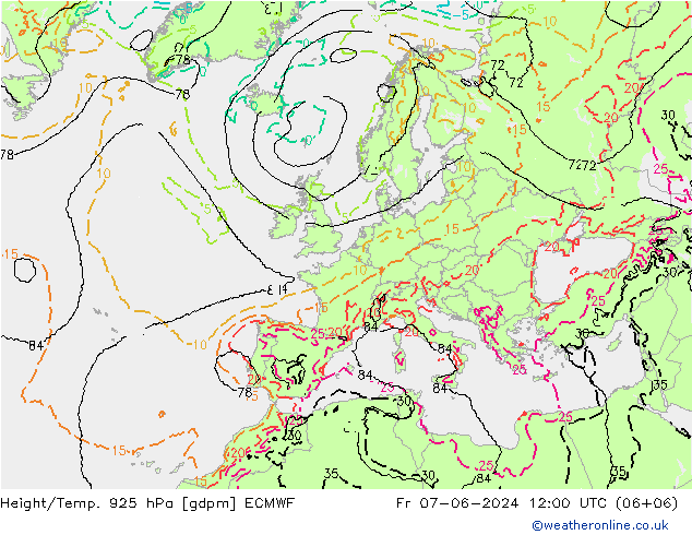 Height/Temp. 925 hPa ECMWF Fr 07.06.2024 12 UTC