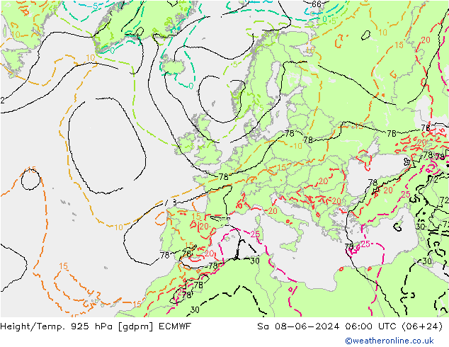 Geop./Temp. 925 hPa ECMWF sáb 08.06.2024 06 UTC