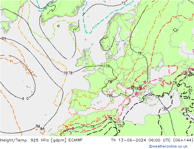 Height/Temp. 925 hPa ECMWF gio 13.06.2024 06 UTC