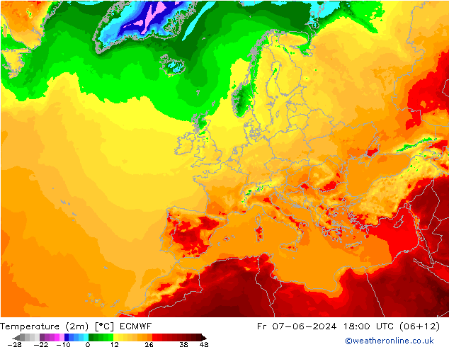 Temperature (2m) ECMWF Pá 07.06.2024 18 UTC