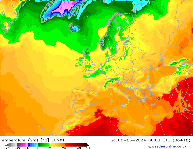 Temperature (2m) ECMWF Sa 08.06.2024 00 UTC