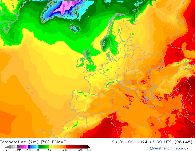 mapa temperatury (2m) ECMWF nie. 09.06.2024 06 UTC
