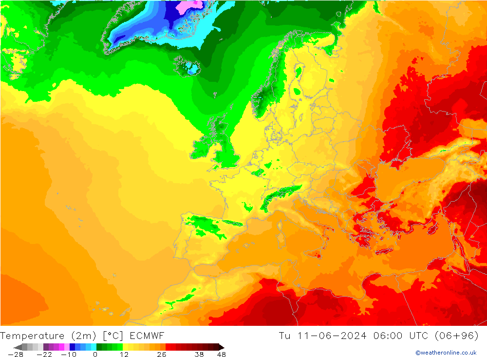 Temperatuurkaart (2m) ECMWF di 11.06.2024 06 UTC