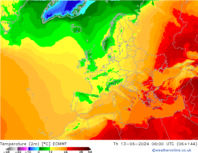 Temperature (2m) ECMWF Th 13.06.2024 06 UTC