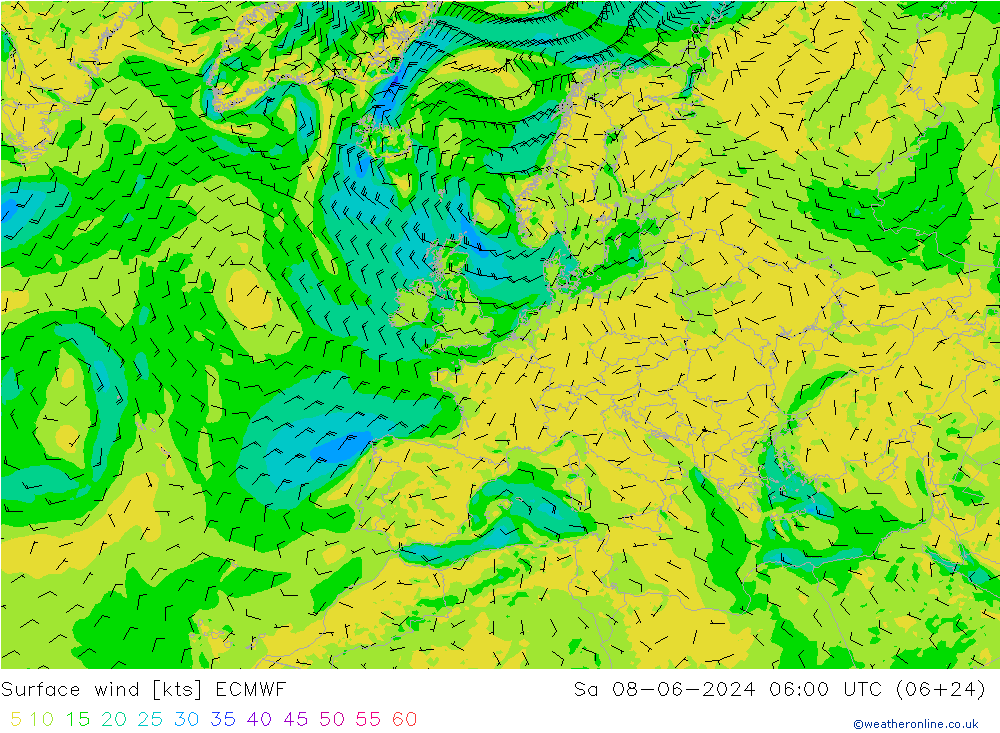 Wind 10 m ECMWF za 08.06.2024 06 UTC