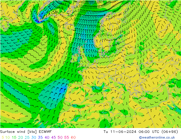 Vento 10 m ECMWF mar 11.06.2024 06 UTC