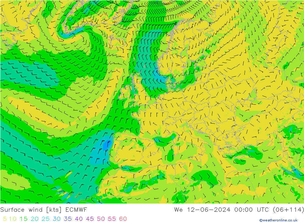 wiatr 10 m ECMWF śro. 12.06.2024 00 UTC