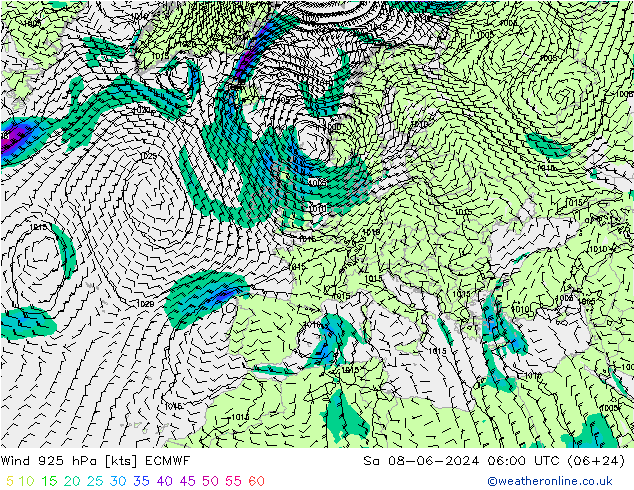 Vento 925 hPa ECMWF sab 08.06.2024 06 UTC