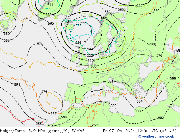 Hoogte/Temp. 500 hPa ECMWF vr 07.06.2024 12 UTC