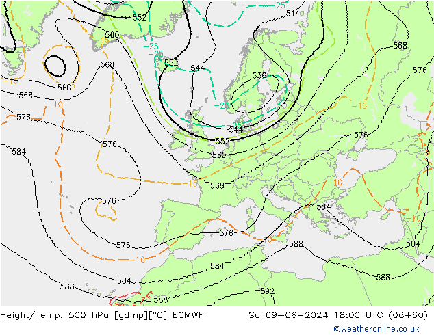 Hoogte/Temp. 500 hPa ECMWF zo 09.06.2024 18 UTC