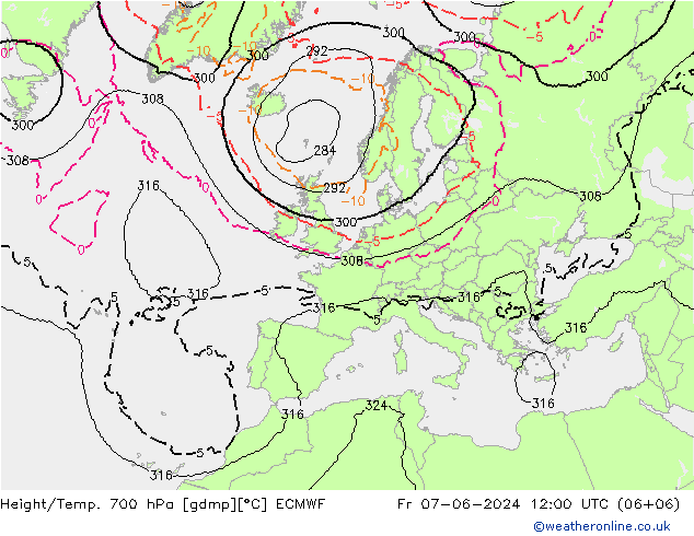 Geop./Temp. 700 hPa ECMWF vie 07.06.2024 12 UTC