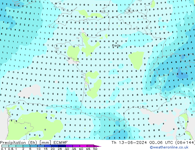 Precipitazione (6h) ECMWF gio 13.06.2024 06 UTC