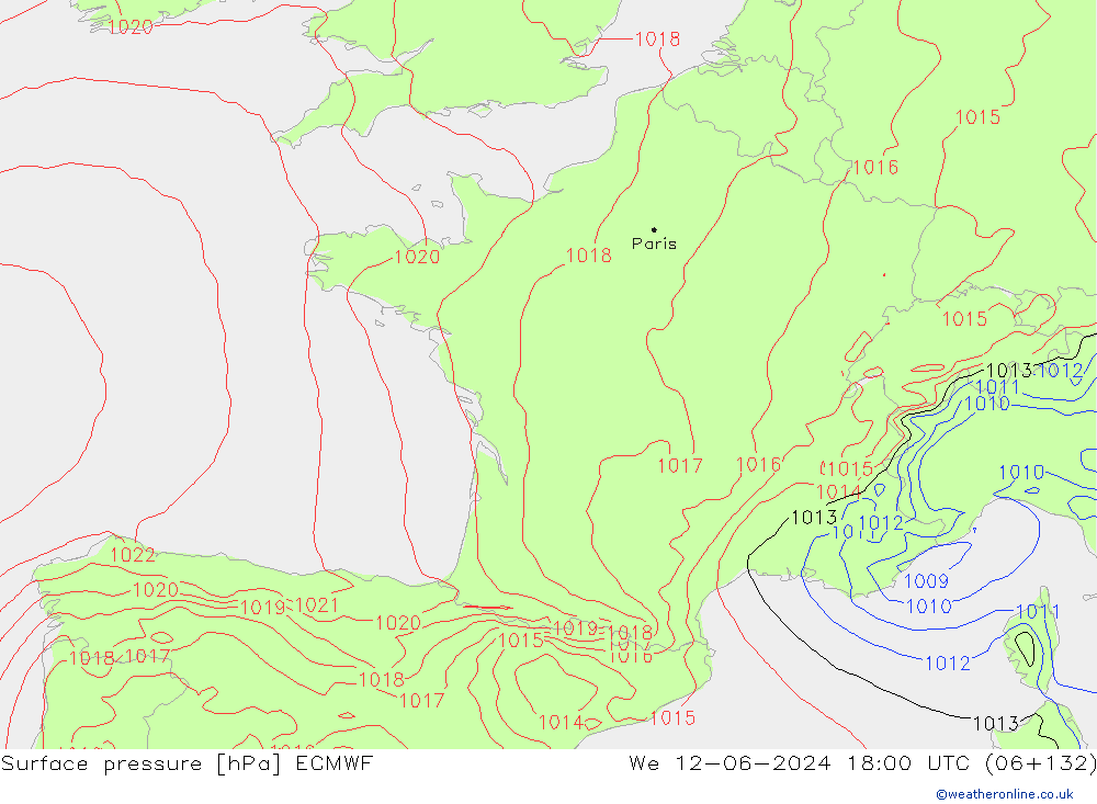 Pressione al suolo ECMWF mer 12.06.2024 18 UTC