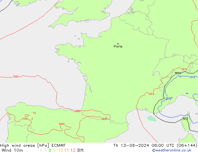 High wind areas ECMWF Th 13.06.2024 06 UTC