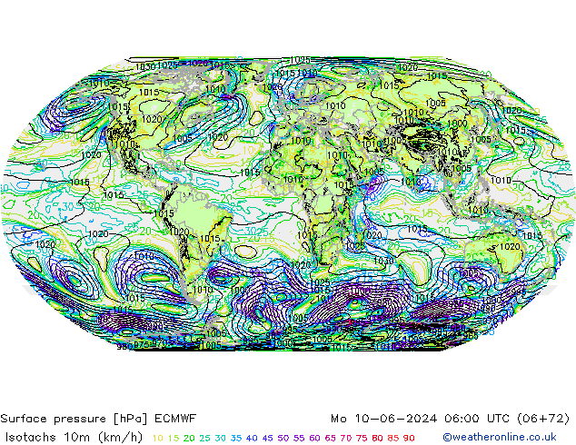 Isotachen (km/h) ECMWF Mo 10.06.2024 06 UTC