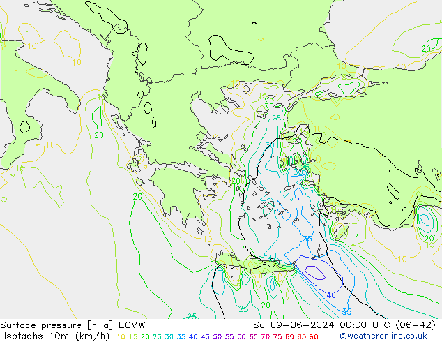 Isotachs (kph) ECMWF  09.06.2024 00 UTC