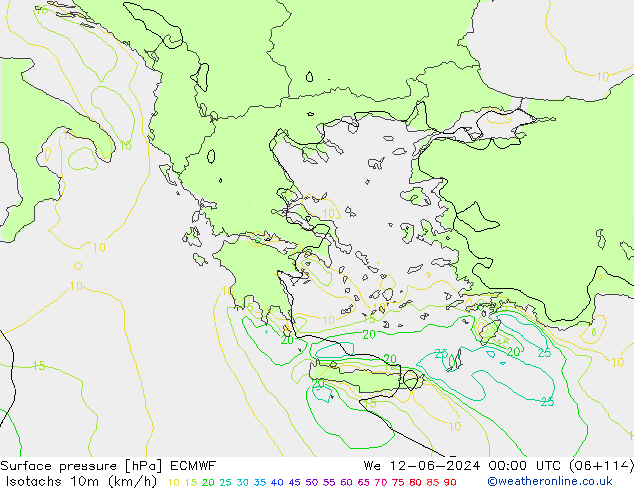 Isotachs (kph) ECMWF  12.06.2024 00 UTC