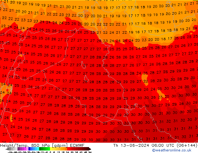 Height/Temp. 850 hPa ECMWF Qui 13.06.2024 06 UTC